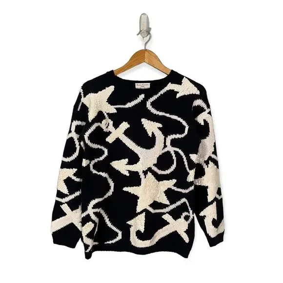 Marisa Christina Sweater Small Medium Nautical Anchor Sequin Navy White - Picture 1 of 11